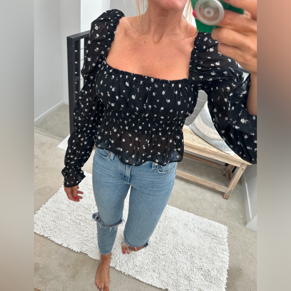 H&M Divided Black Floral Ruffle Long Sleeve Crop Top Festival Outfit |Size S - Picture 3 of 12